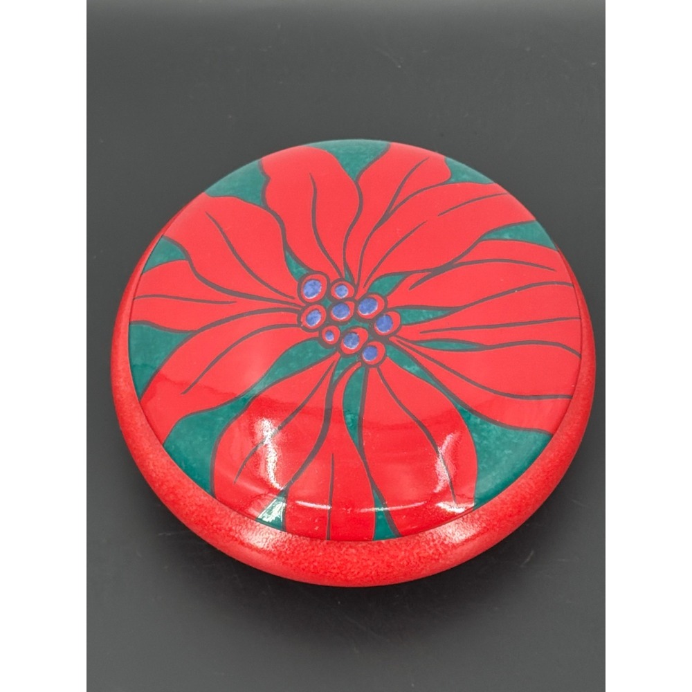 Laure Japy Paris Limoges France Poinsettia Porcelain Trinket Box Red Green Round